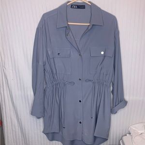 Zara Shirt Dress Sz XL Gray Drawstring Snap Button Shacket Tunic Cinched